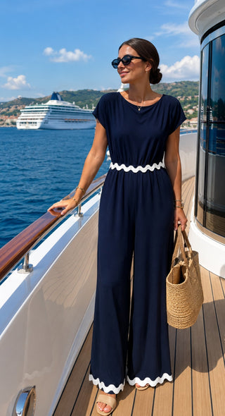Joseph Ribkoff Nautical Ric Rac Jumpsuit navy restocked at POOJA BOUTIQUE Scituate Harbor perfect for cruise and summer soirees