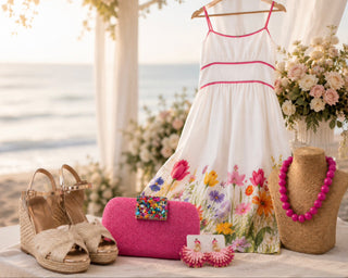 Garden Wedding Guest Dress styled with accessories at Pooja Boutique Scituate Harbor