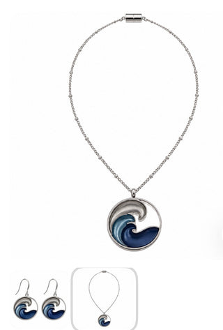 Blue Enamel Wave Pendant Necklace on silver-tone chain