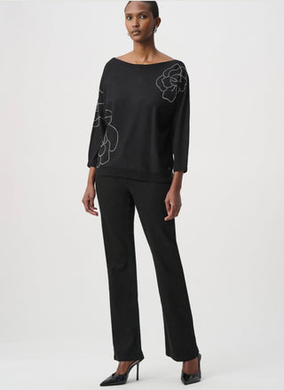 Joseph Ribkoff black pullover with sparkling flower appliqué, full look with black pants