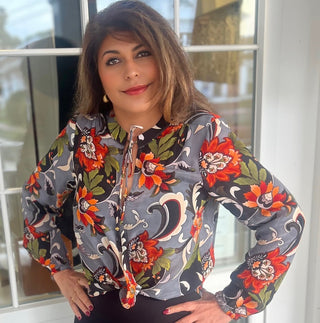 Autumn Blooms Tie-Neck Blouse