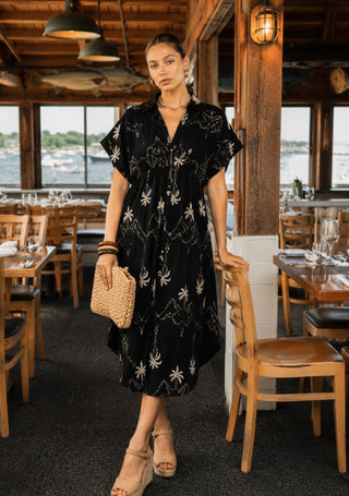 Resort Palm Tree Embroidered Midi Dress