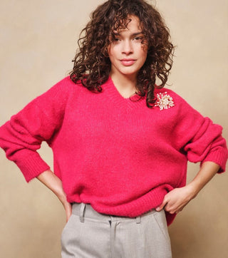 Pink Oversized Sweater with Detachable Pearl Brooch