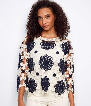 Cotton Crochet Flower Top -Navy Charlie B
