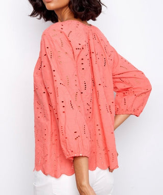 Vibrant Coral Eyelet Smoked Blouse