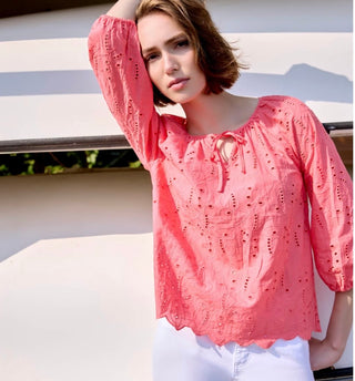 Vibrant Coral Eyelet Smoked Blouse