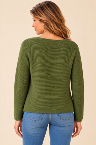Olive green knit pocket sweater, back view