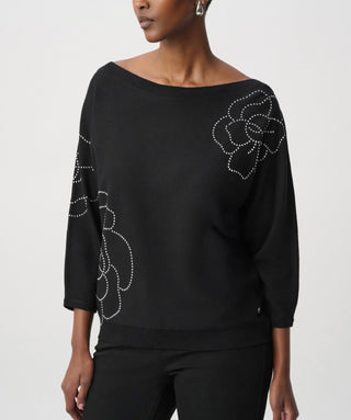 Joseph Ribkoff black boat-neck pullover with flower appliqué, front view