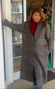 Long Plaid Contrast Collar Coat