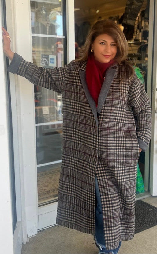 Long Plaid Contrast Collar Coat