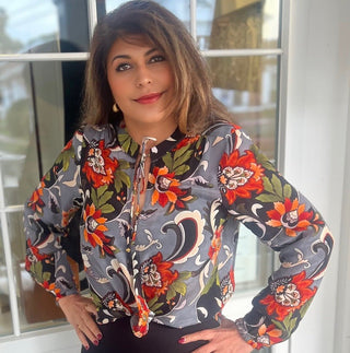 Autumn Blooms tie-neck floral blouse for women