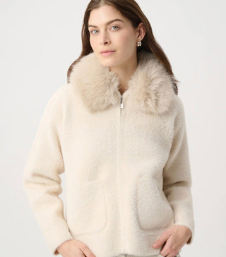 Faux fur collar zip jacket in birch, front view