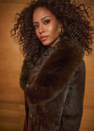 Brown faux fur knit coat with detachable collar