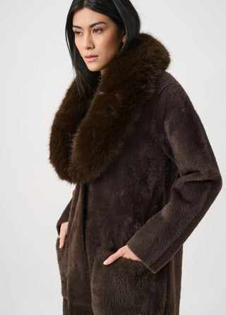 Brown faux fur knit coat with detachable collar