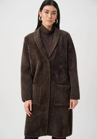 Brown faux fur knit coat with detachable collar