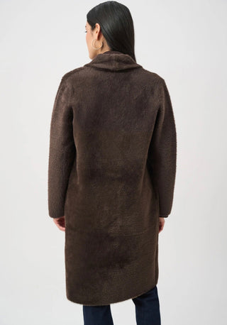 Brown faux fur knit coat with detachable collar