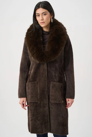 Brown faux fur knit coat with detachable collar