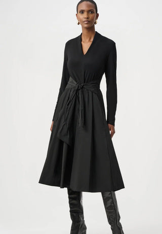 Joseph Ribkoff black classic cocktail dress with V-neck, long sleeves and tie waist