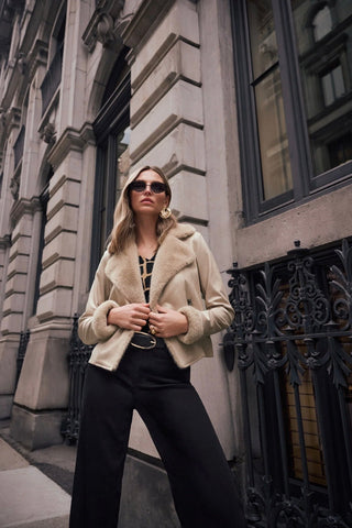 Joseph RibkoffJoseph Ribkoff Foiled Faux Suede Fur Collar Jacket