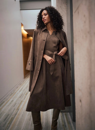 Chocolate Scuba Suede Straight Coat - detail view - Pooja Boutique