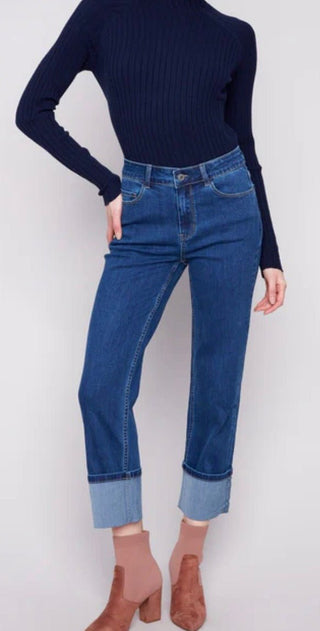 Women's medium wash straight leg jeans with wide cuff hem